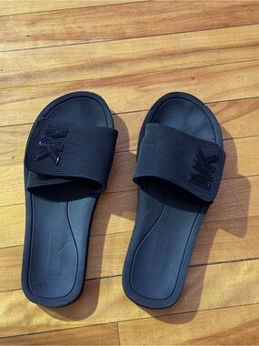 Michael Kors Black Slide Sandals with Embroidered MK Strap